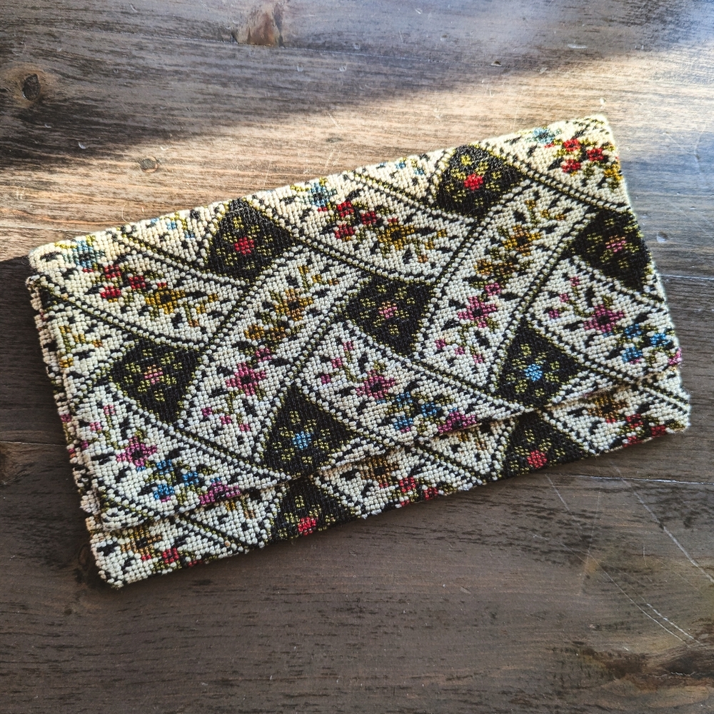 Vintage Cross Stitched Clutch - Black, Cream, Pink, Gold